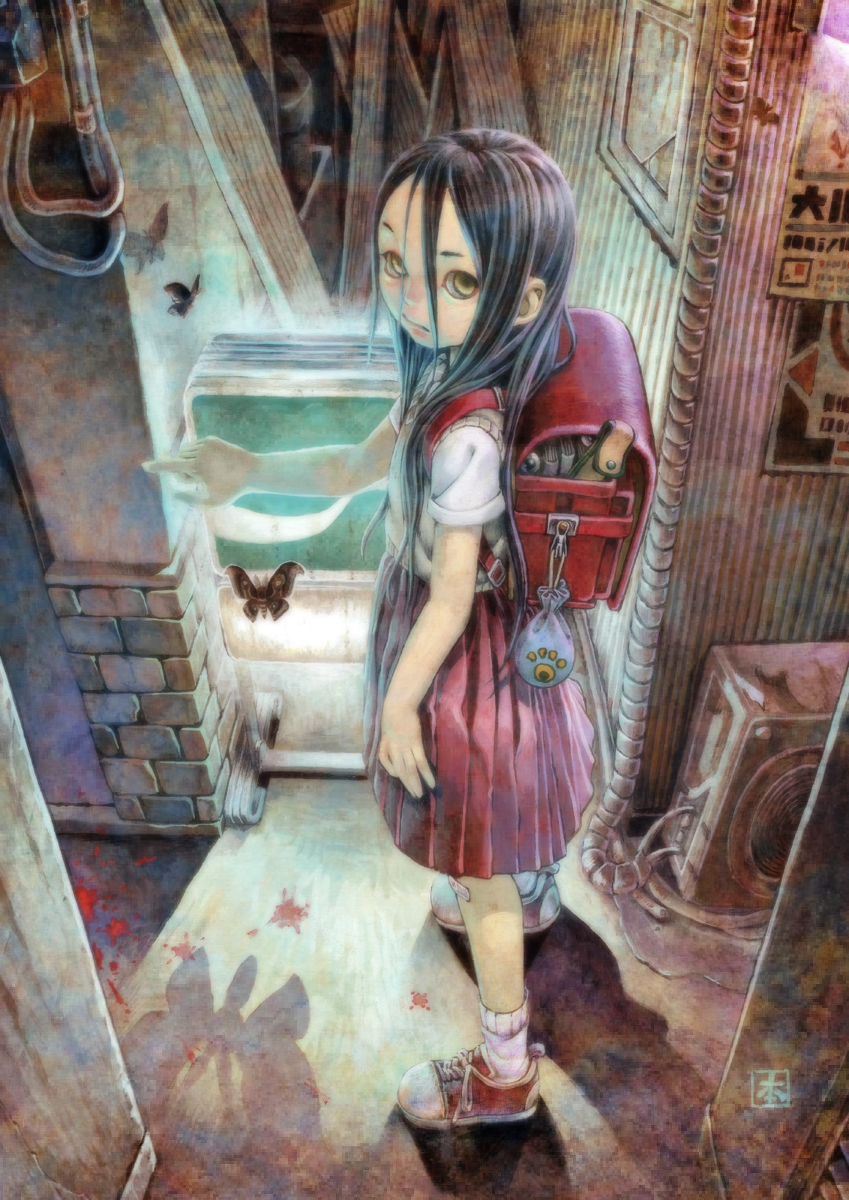 air_conditioner alley backpack bag black_hair blood butterfly child highres long_hair looking_at_viewer metalzigzag moth original pointing randoseru school_uniform shadow water yellow_eyes