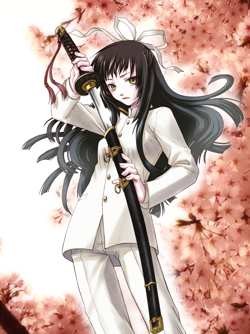 black_hair flower green_eyes long_hair risaki_ritsuri solo sword warrior