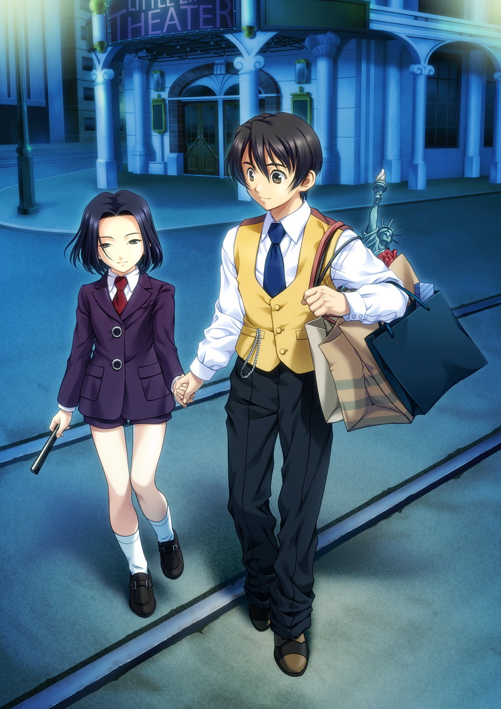 1girl androgynous bag couple formal hand_holding highres holding_hands kujou_subaru nagara night sakura_taisen sakura_taisen_v shopping_bag shopping_bags suit taiga_shinjiro taiga_shinjirou