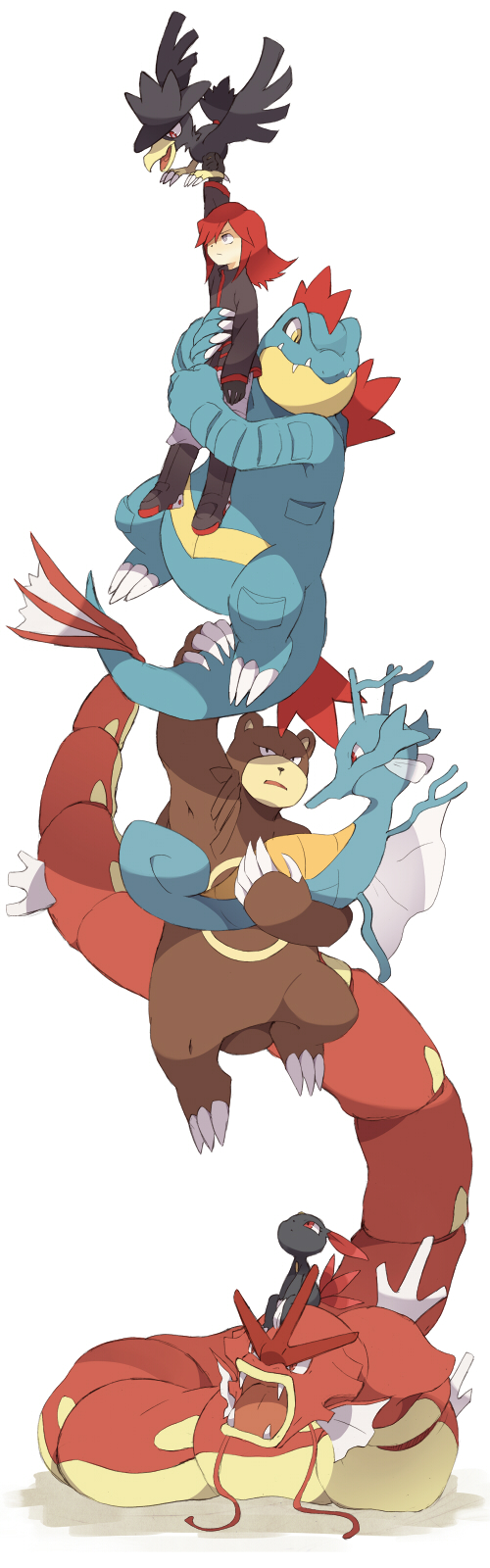 1boy carrying fangs feraligatr flying gyarados highres kingdra long_image murkrow otoufu_(oto_hu) pokemon pokemon_(creature) pokemon_(game) pokemon_gsc pokemon_special shadow shiny_pokemon silver_(pokemon) simple_background sneasel tall_image ursaring