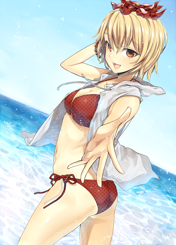 ass bare_shoulders beach bikini blonde_hair bracelet breasts cleavage dekappara_futoriusu fang foreshortening hair_ornament hand_behind_head jewelry looking_at_viewer medio navel ocean open_clothes open_mouth orange_eyes outstretched_arm polka_dot polka_dot_bikini polka_dot_swimsuit shiny shiny_skin short_hair side-tie_bikini smile solo strap_gap swimsuit toramaru_shou touhou water