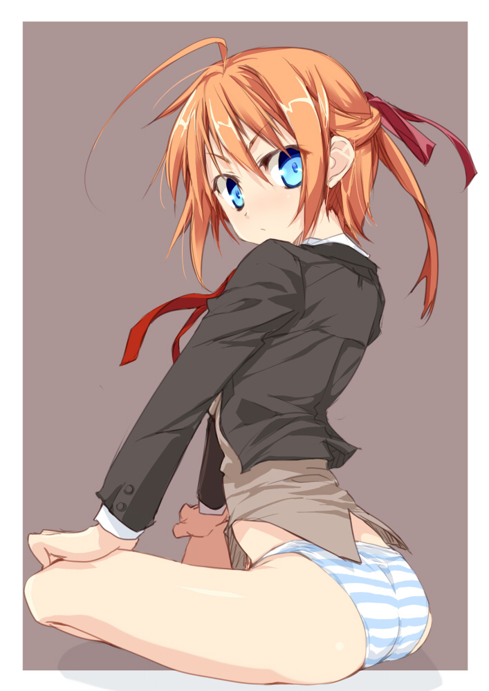 arched_back ass blue_eyes blue_panties hair_ribbon hair_up half_updo hands_on_knees indian_style konoe_subaru looking_back matsuno_canel mayo_chiki! no_pants orange_hair panties ribbon short_hair sitting solo striped striped_panties underwear white_panties