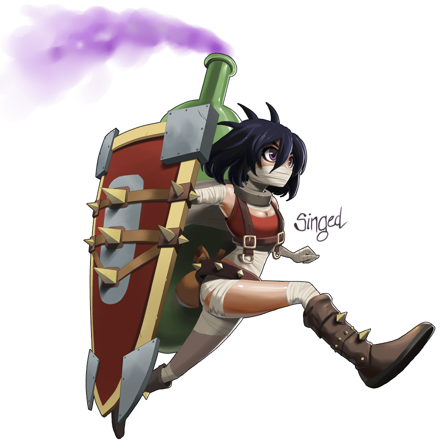bandage black_hair boots bottle breasts gas genderswap league_of_legends mask metal pikaboots pouch purple_eyes running shield short_hair singed spikes tank_top transparent_background violet_eyes