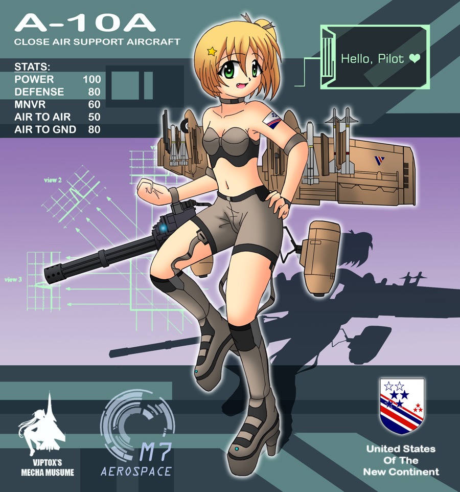 a-10 airplane bare_shoulders bike_shorts blonde_hair bow green_eyes gun hair_bow hair_ornament hair_ribbon hand_on_hip heart hips mecha_musume military missile navel open_mouth original personification ponytail ribbon signature solo star vjptox weapon