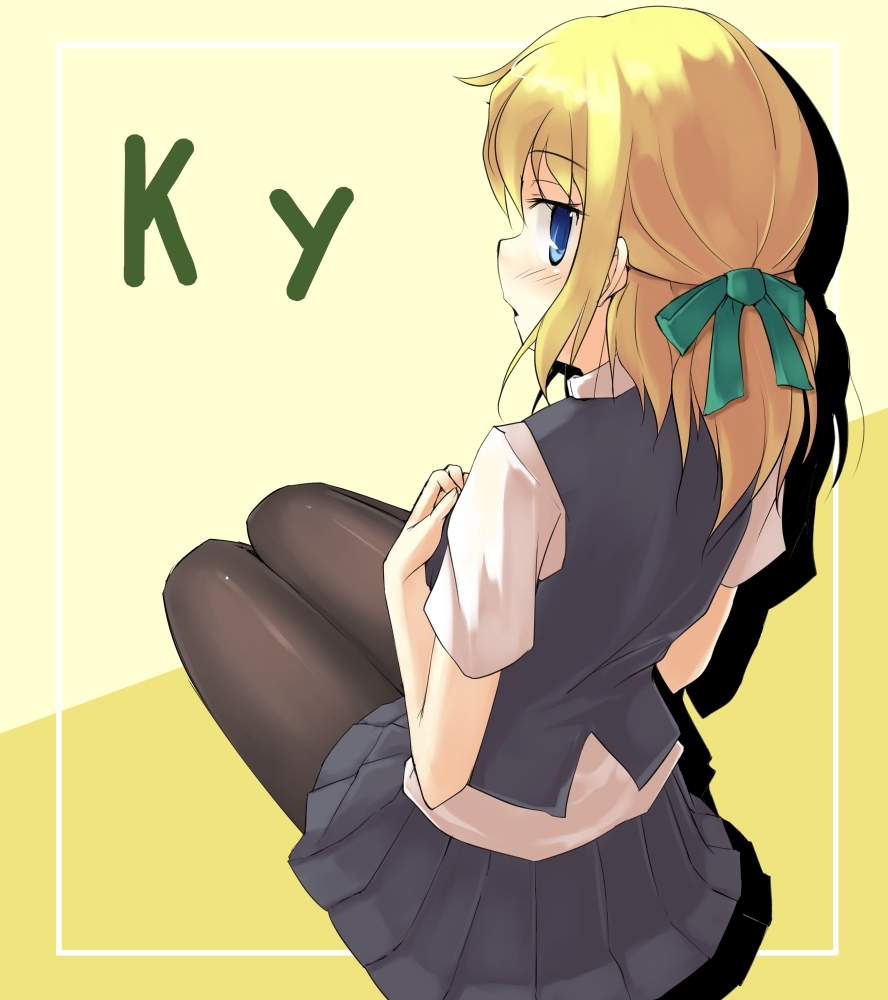 blonde_hair blue_eyes blush looking_back minitesu original pantyhose school_uniform skirt vest