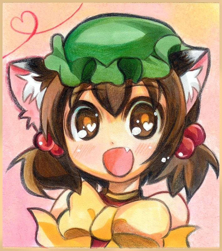 :d alternate_hairstyle animal_ears bad_id blush border brown_hair cat_ears chen colored_pencil_(medium) face fang hair_bobbles hair_ornament hat heart heart-shaped_pupils heart_of_string open_mouth short_hair short_twintails smile solo symbol-shaped_pupils takamoto_akisa touhou traditional_media twintails
