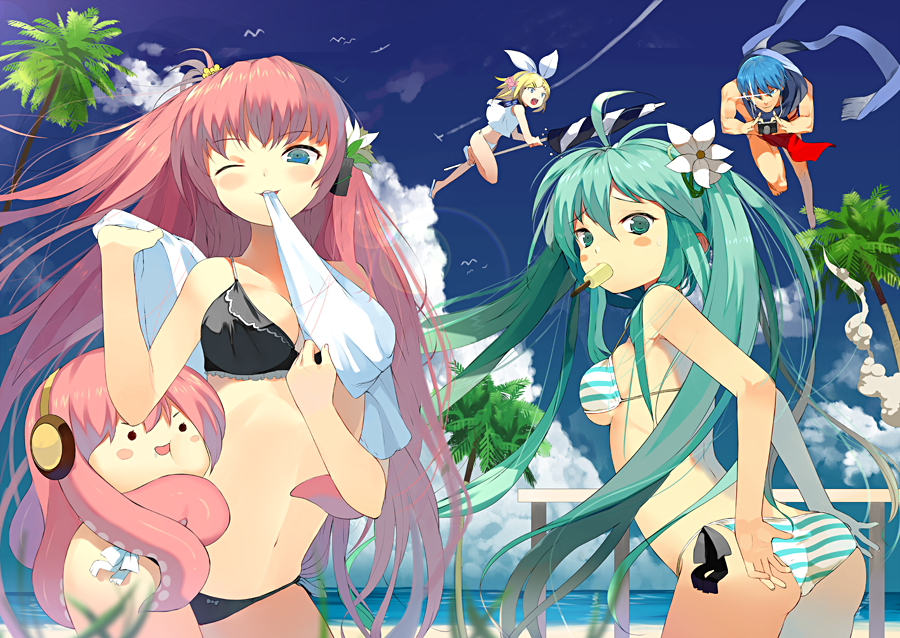 :3 adjusting_swimsuit ass bad_id beach bikini blonde_hair blue_eyes blue_hair blue_sky blush breasts camera flower fundoshi green_eyes green_hair hair_flower hair_ornament hatsune_miku jumping kagamine_rin kaito long_hair looking_at_viewer looking_back megurine_luka mouth_hold multiple_girls nauribon navel object_in_mouth open_mouth parasol pink_hair popsicle sandals scarf short_hair side-tie_bikini sky sparkle striped striped_bikini striped_swimsuit swimsuit takoluka towel twintails umbrella underboob vocaloid water wink