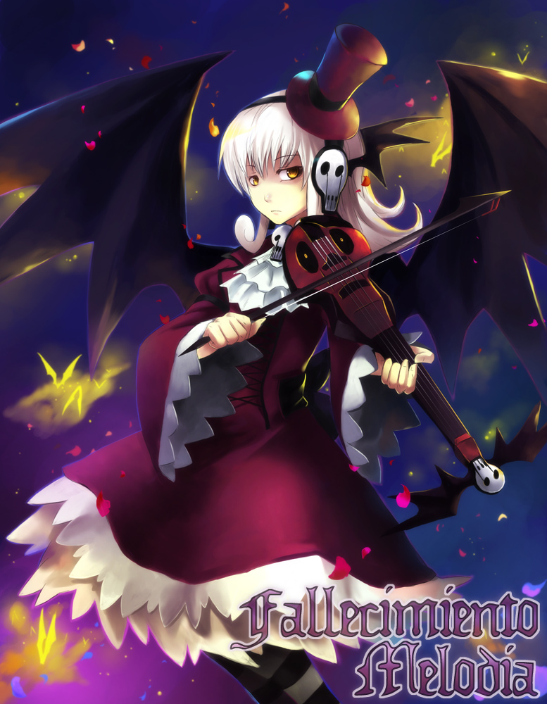 bat_wings demon_girl electric_violin english fallecimiento_melodia gothic_lolita hat instrument lolita_fashion mazjojo original pantyhose skull solo striped striped_legwear striped_stockings violin wings yellow_eyes