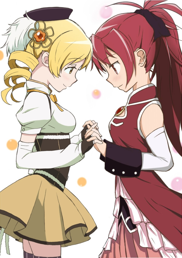 aoki_ume bare_shoulders beret blonde_hair detached_sleeves drill_hair duo face-to-face face_to_face fingerless_gloves gloves hair_ornament hair_ribbon hands_clasped hat holding_hands interlocked_fingers long_hair magical_girl mahou_shoujo_madoka_magica multiple_girls official_art photoshop ponytail red_eyes red_hair ribbon sakura_kyouko skirt smile thighhighs tomoe_mami twin_drills twintails vertical-striped_legwear vertical_stripes yellow_eyes zettai_ryouiki
