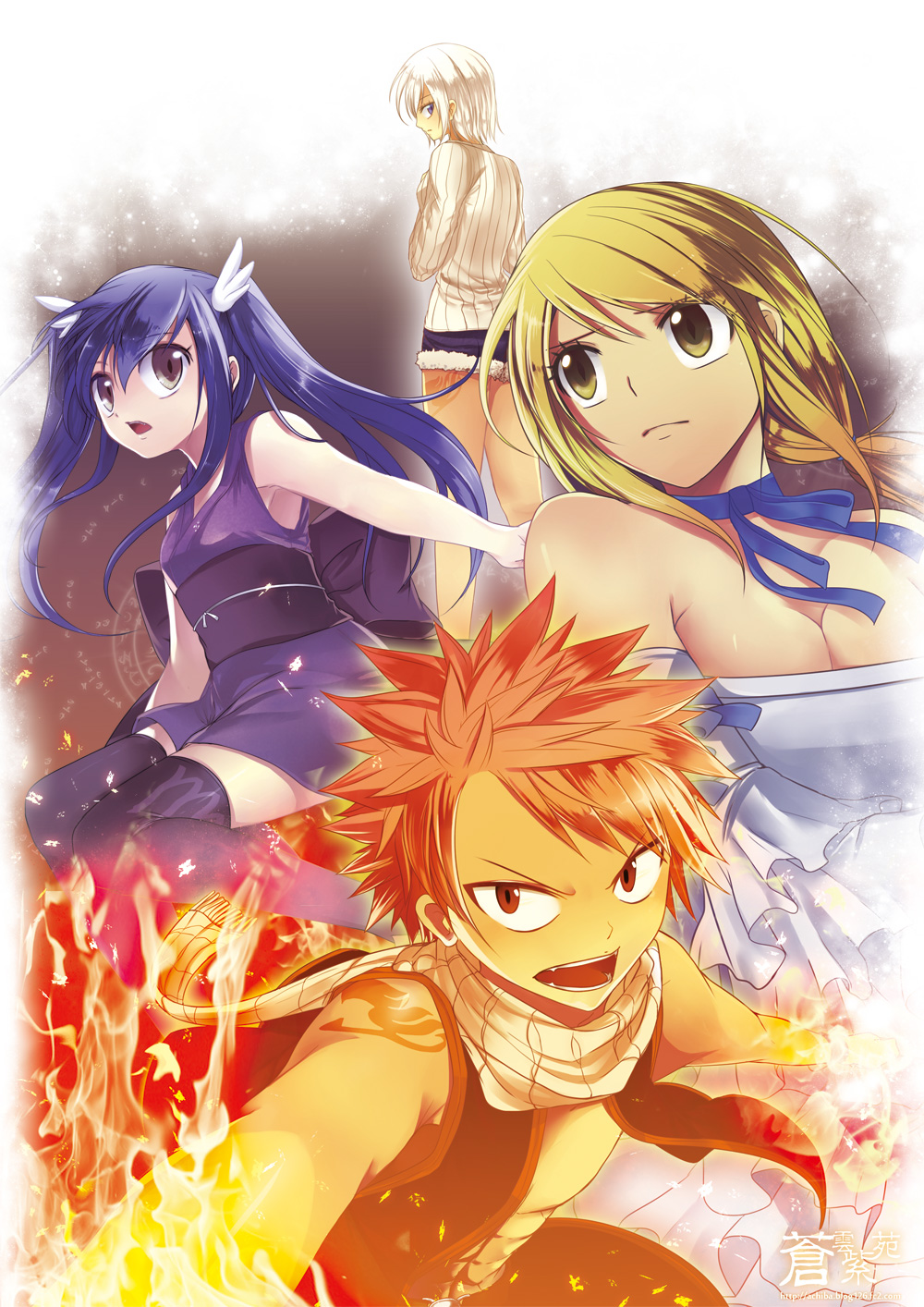 bare_shoulders blonde_hair blue_hair breasts choker cleavage cutoffs fairy_tail fire highres japanese_clothes kimono lisanna lucy_heartfilia natsu_dragneel obi red_hair redhead scarf short_kimono silver_hair thigh-highs thighhighs twintails wendy_marvell