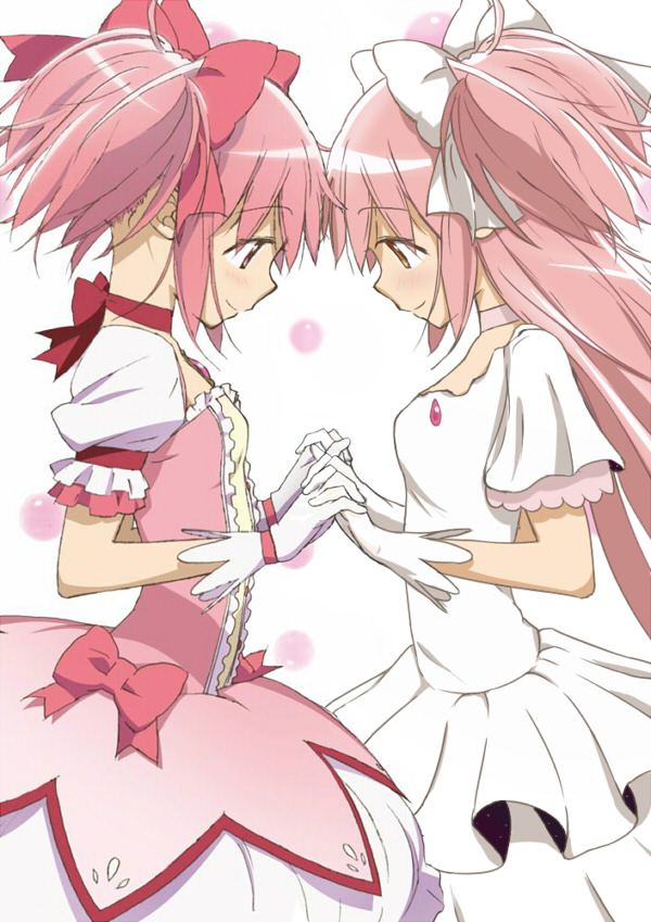 artist_request choker dress dual_persona face-to-face face_to_face gem gloves goddess_madoka hair_bow hair_ribbon hands holding_hands interlocked_fingers kaname_madoka long_hair magical_girl mahou_shoujo_madoka_magica multiple_girls official_art photoshop pink_eyes pink_hair ribbon short_twintails skirt smile source_request twintails ultimate_madoka white_dress yellow_eyes