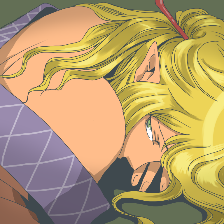 back bare_shoulders blonde_hair close-up covering_mouth green_eyes hair_ornament hairpin looking_at_viewer lying mizuhashi_parsee off_shoulder onigashira_rin onikobe_rin short_hair solo touhou undressing