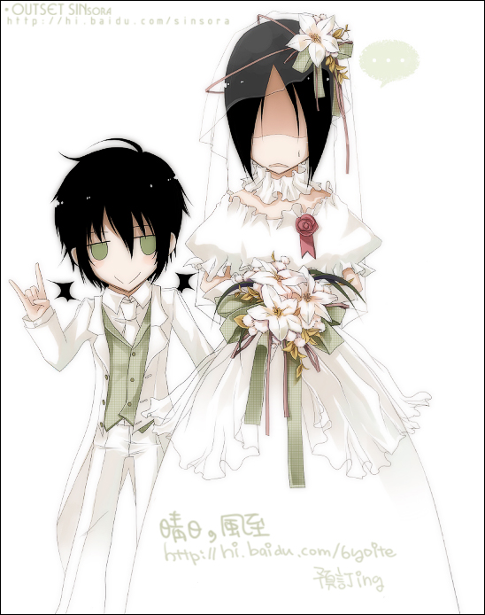 2boys bouquet bride crossdressinging nabari_no_ou rokujou_miharu tuxedo veil wedding wedding_dress wedding_gown white_background yoite