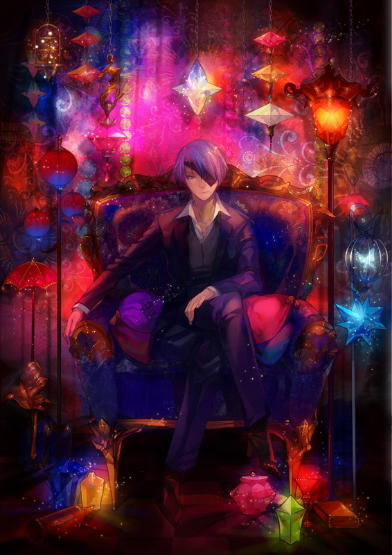 book bottle butterfly cage chair copyright_request crystal cup cushion eyepatch formal high_heels kyouka_hatori lamp legs_folded long_sleeves male pants shoes silver_hair sitting solo suit