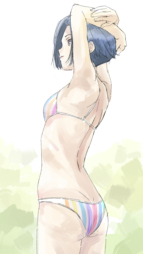 arms_up ass back bad_id banzai_nekomimi bikini black_hair blue_hair brown_eyes kobayakawa_rinko love_plus short_hair sketch solo swimsuit