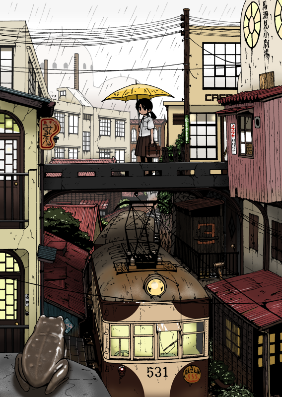 1girl black_hair city copyright_request frog nkmt original ponytail rain school_uniform short_hair solo standing train umbrella