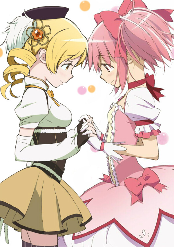 beret blonde_hair detached_sleeves drill_hair duo face-to-face face_to_face fingerless_gloves gloves hair_ornament hair_ribbon hands hat holding_hands interlocked_fingers kaname_madoka magical_girl mahou_shoujo_madoka_magica multiple_girls official_art photoshop pink_eyes pink_hair ribbon short_twintails skirt smile thighhighs tomoe_mami twin_drills twintails vertical-striped_legwear vertical_stripes yellow_eyes zettai_ryouiki