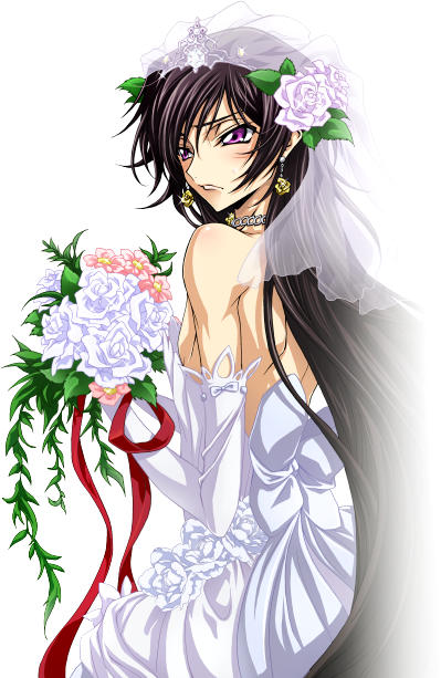 black_hair bouquet code_geass crossdressinging earring flower jewelry lelouch_lamperouge long_hair luluko veil violet_eyes wedding_dress wedding_gown