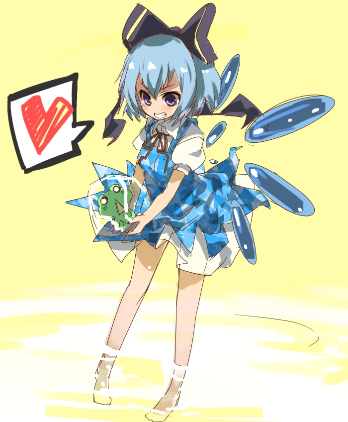 barefoot blue_eyes blue_hair bow cirno frog frozen grin hair_bow heart ice neck_ribbon ribbon shirow_(crazy) smile speech_bubble spoken_heart touhou water wings