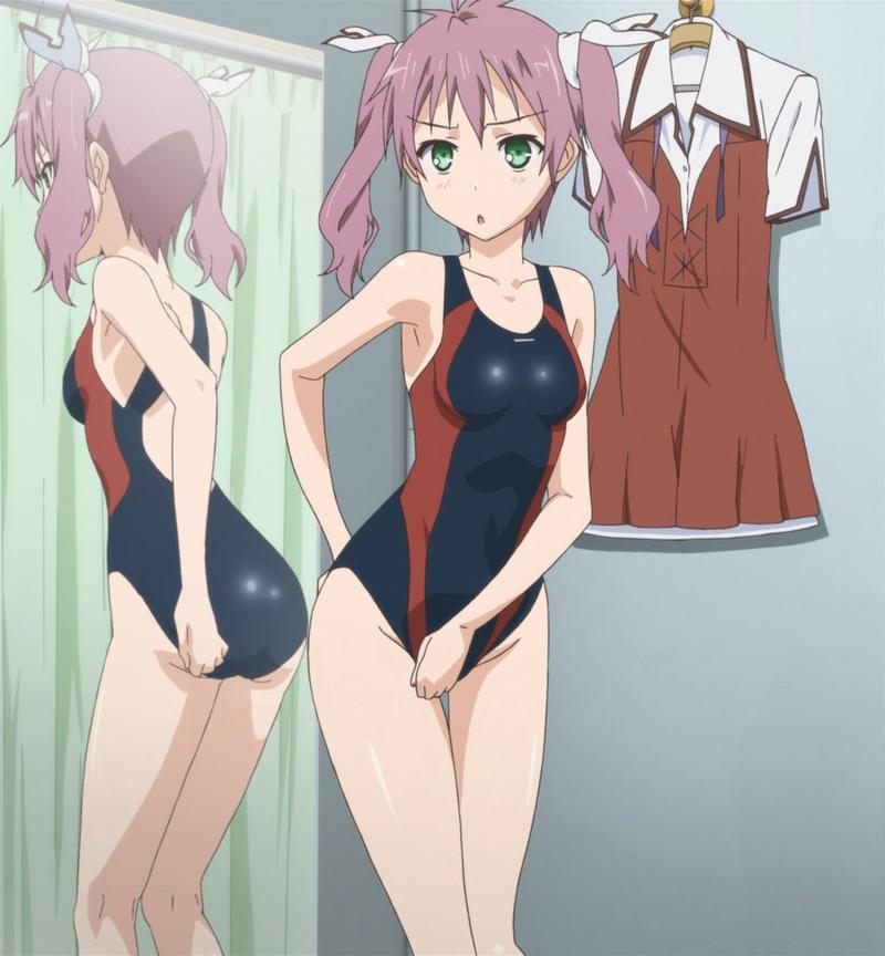 ass competition_swimsuit green_eyes mayo_chiki! mirror one-piece_swimsuit purple_hair reflection school_uniform screencap stitched swimsuit thigh_gap twintails usami_masamune