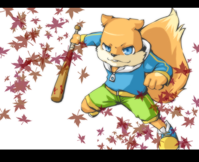 1boy baseball_bat blue_eyes conker conker's_bad_fur_day conker_(series) leaf letterboxed maple_leaf no_humans shorts simple_background smile solo squirrel sweater teeth