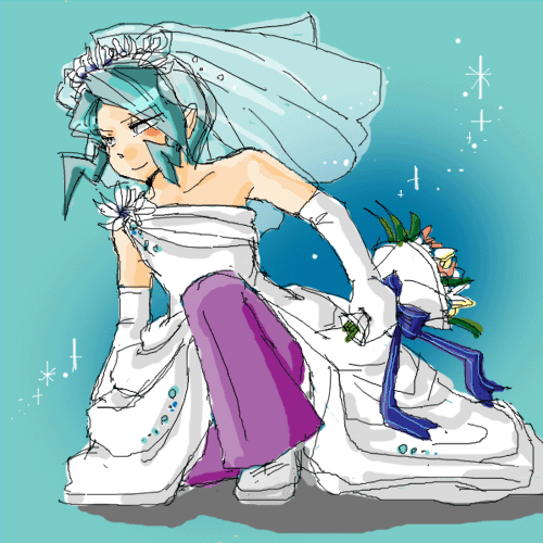 blue_hair bouquet crossdressing crossdressinging flower mikuri_(pokemon) pants pokemon solo sparkles wedding_dress