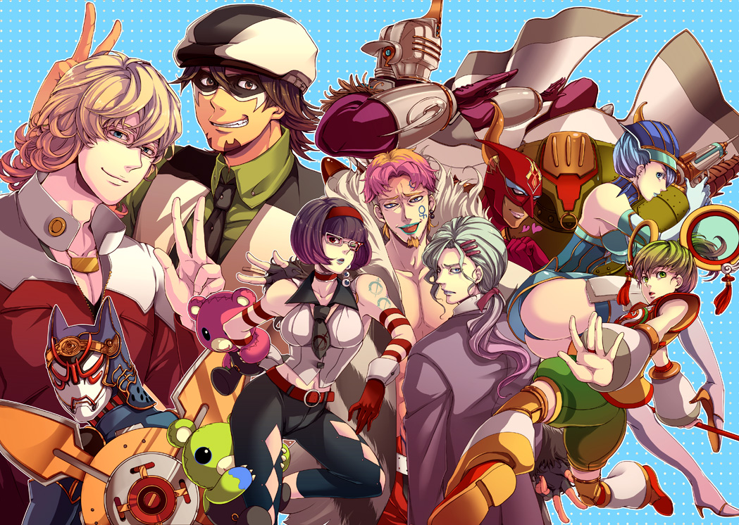 antonio_lopez ass bare_shoulders barnaby_brooks_jr black_hair blonde_hair blue_eyes blue_hair blue_rose_(tiger_&amp;_bunny) bob_cut boots breasts brown_eyes brown_hair cabbie_hat chinese_clothes cleavage dark_skin detached_sleeves dragon_kid earrings elbow_gloves epaulettes everyone facial_hair facial_mark fire_emblem_(tiger_&amp;_bunny) glasses gloves goatee green_eyes green_hair group gun hairband hat headband heart helmet high_heels horns huang_baoling ivan_karelin jacket jake_martinez jetpack jewelry kaburagi_t_kotetsu karina_lyle keith_goodman kriem lipstick mad_bear_(tiger_&amp;_bunny) makeup male multicolored_hair nathan_seymour necklace necktie origami_cyclone pink_hair power_armor power_suit red_jacket rimuro rock_bison shoes short_hair shorts shuriken sky_high spandex stubble stuffed_animal stuffed_toy superhero tattoo thigh_boots thighhighs tiger_&amp;_bunny two-tone_hair vest waistcoat weapon wink yuri_petrov