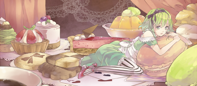 1girl apron bandaid bare_shoulders booota card cards checkerboard_cookie cookie detached_sleeves dress food frills gelatin green_dress green_eyes green_hair gumi hair_ribbon jelly looking_at_viewer lying_card macaron minigirl pantyhose pie playing_card ribbon short_hair sitting solo sweets vertical-striped_legwear vertical_stripes vocaloid waist_apron wariza