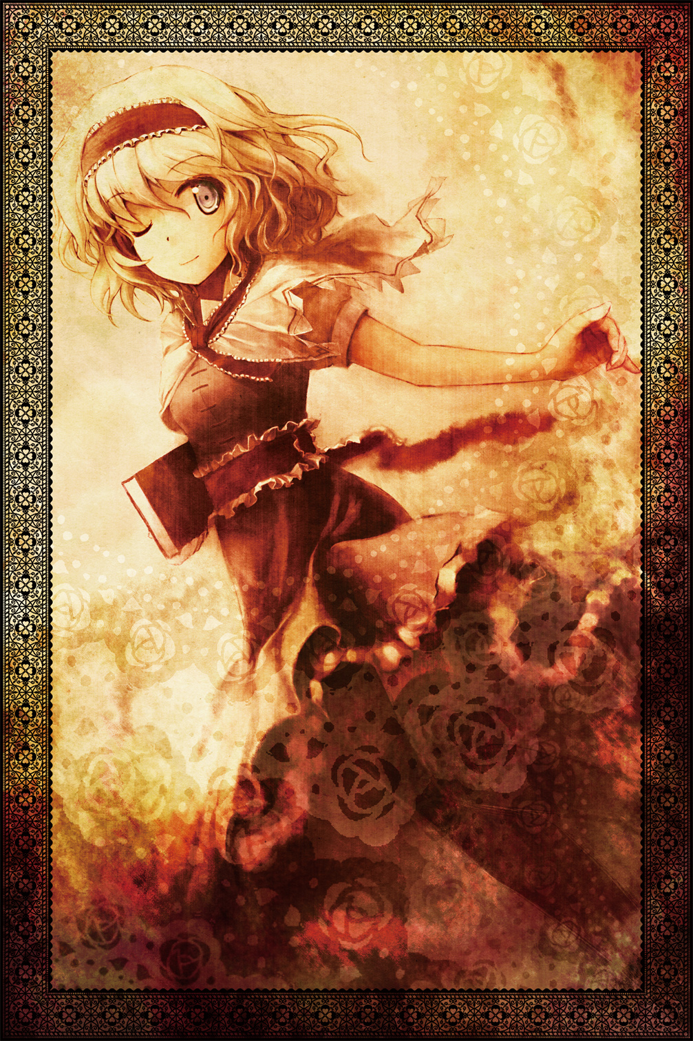 alice_margatroid belt blonde_hair book capelet dress frame hairband highres ikmg light_smile monochrome patterned sepia short_hair smile solo touhou wink