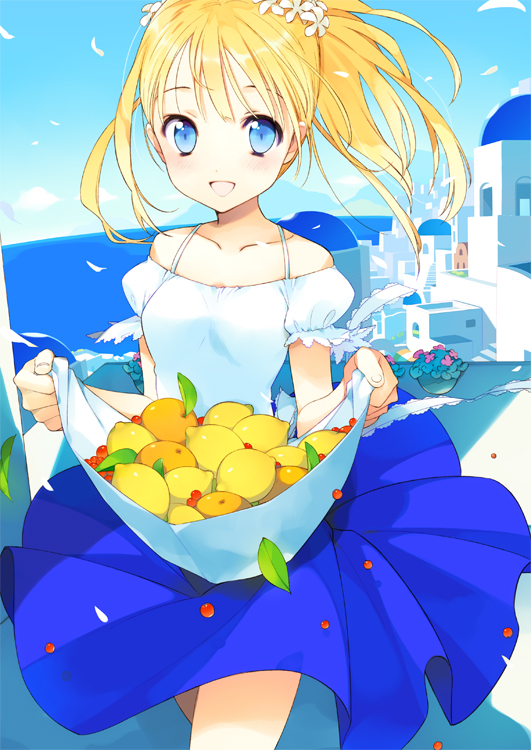blue_eyes blush cherry flower food fruit fujisawa_machi hair_flower hair_ornament leaf lemon open_mouth orange original skirt_basket