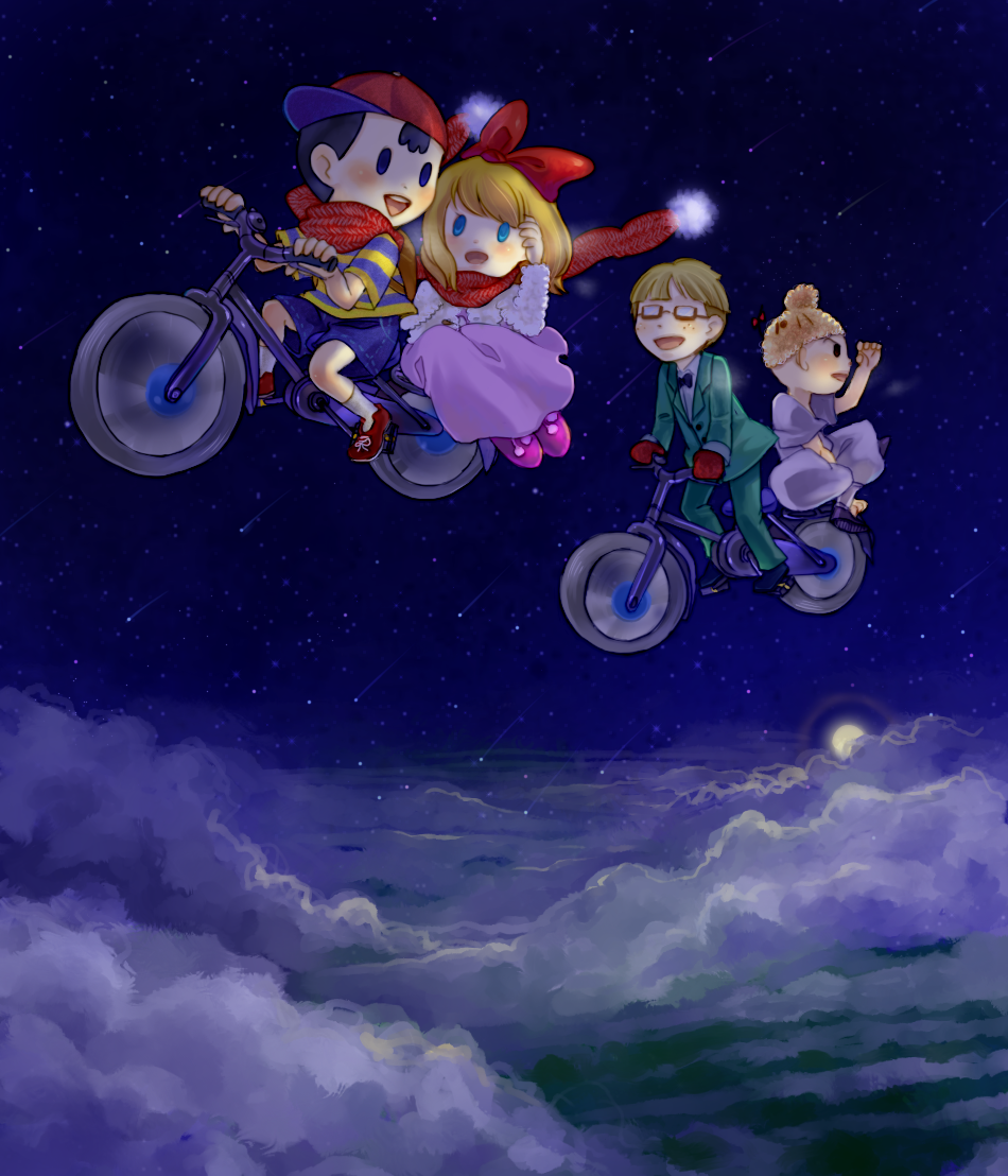 adjusting_hair beanie bicycle black_eyes black_hair blonde_hair blue_eyes bone_(artist) bone_(stare) bow bowtie cap child cloud dress flying frills full_moon glasses gloves hair_bow hat jeff_andonuts looking_back moon mother_(game) mother_2 ness night night_sky open_mouth paula_polestar poo riding_sidesaddle scarf shirt shorts sidesaddle sky smile star_(sky) starry_sky striped striped_shirt sun tuxedo