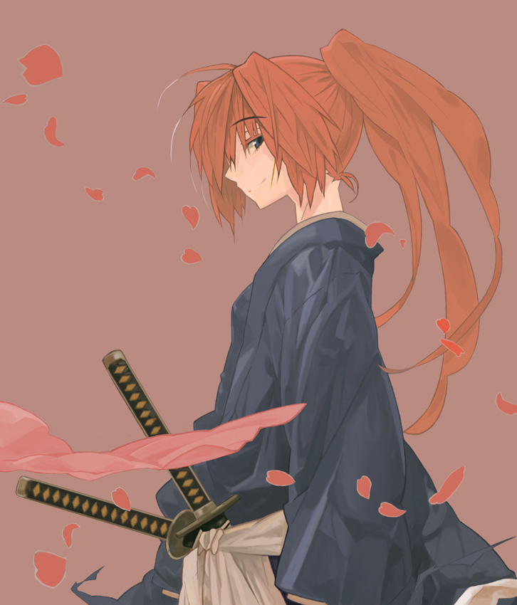 hakama himura_kenshin japanese_clothes katana long_hair male petals ponytail red_hair redhead rurouni_kenshin samurai scabbard sheath sheathed smile solo sword weapon yuuki_(irodo_rhythm)