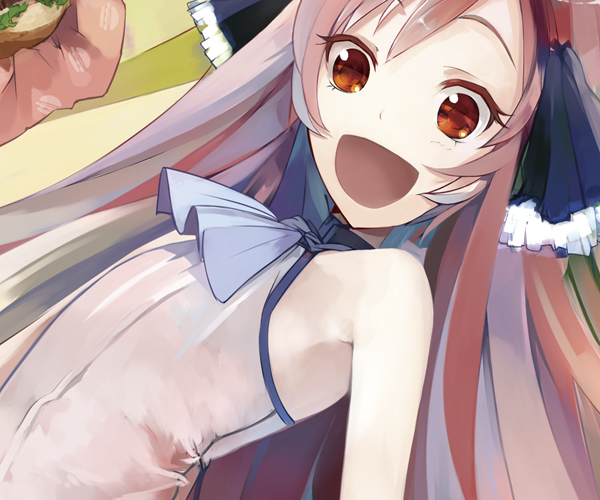 :d ascot bangs bare_shoulders bust dutch_angle flat_chest hair_ribbon long_hair looking_at_viewer miki miki_(vocaloid) open_mouth orange_eyes parted_bangs pink_hair pupps ribbon sf-a2_miki sleeveless smile solo turtleneck very_long_hair vocaloid