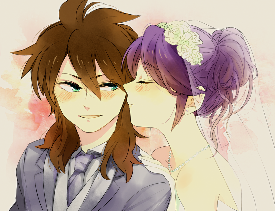 bare_shoulders blush brown_hair closed_eyes dress eyes_closed formal fudou_akio green_eyes inazuma_eleven inazuma_eleven_(series) inazuma_eleven_go kudou_fuyuka long_hair marriage munnn necktie purple_hair suit veil wedding wedding_dress