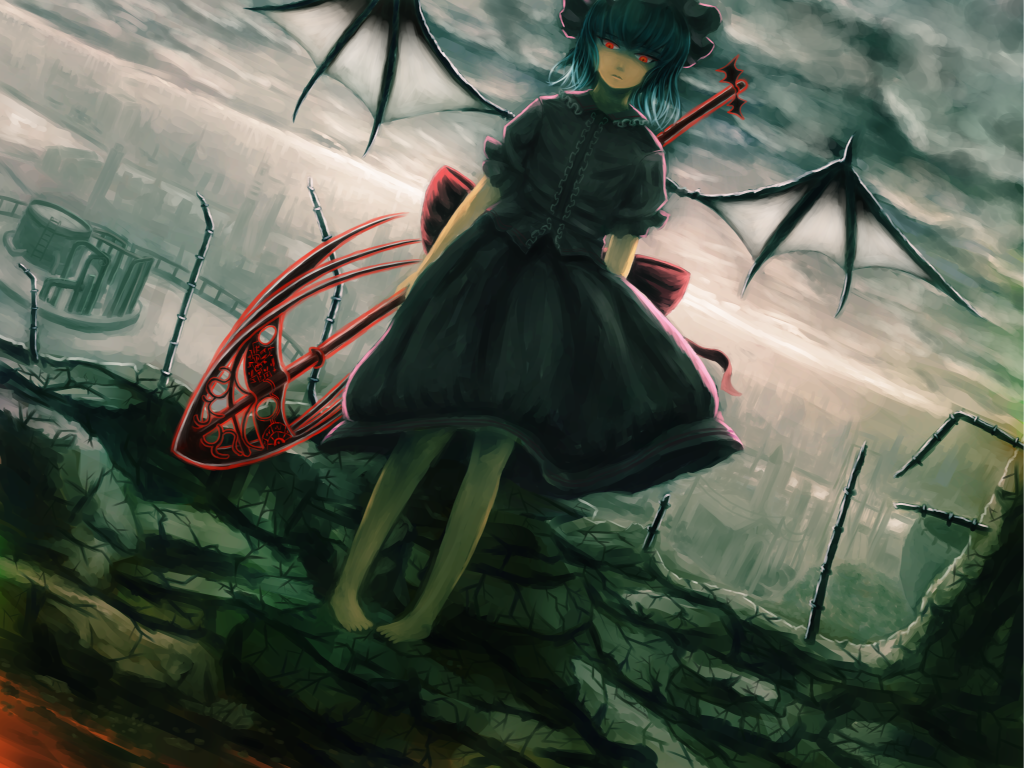 arms_behind_back barefoot bat_wings city cityscape dark dress dutch_angle hanuu hat red_eyes remilia_scarlet short_hair sky solo spear_the_gungnir standing touhou vampire wallpaper weapon wings