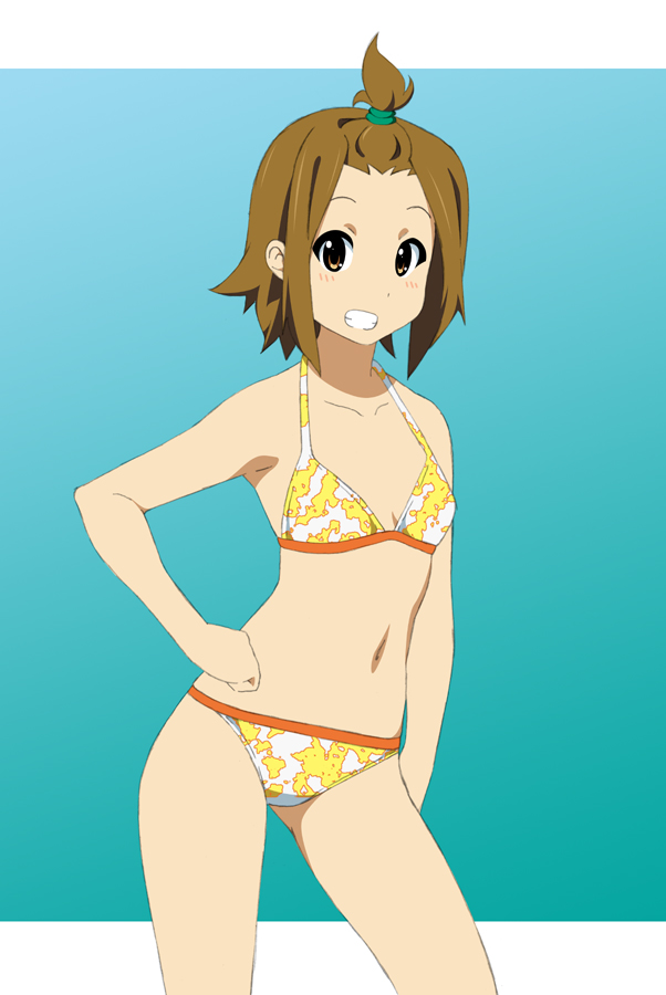 brown_eyes brown_hair fukuoka_katsumi grin hand_on_hip high_ponytail hips k-on! navel short_hair smile swimsuit tainaka_ritsu