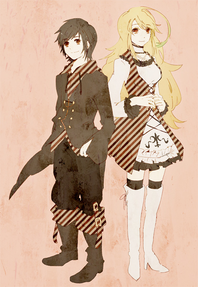 black_hair blonde_hair boots choker coat dress hacho jude_mathis long_hair milla_maxwell red_eyes short_hair side-by-side skirt smile tales_of_(series) tales_of_xillia thigh_boots thighhighs unmoving_pattern very_long_hair