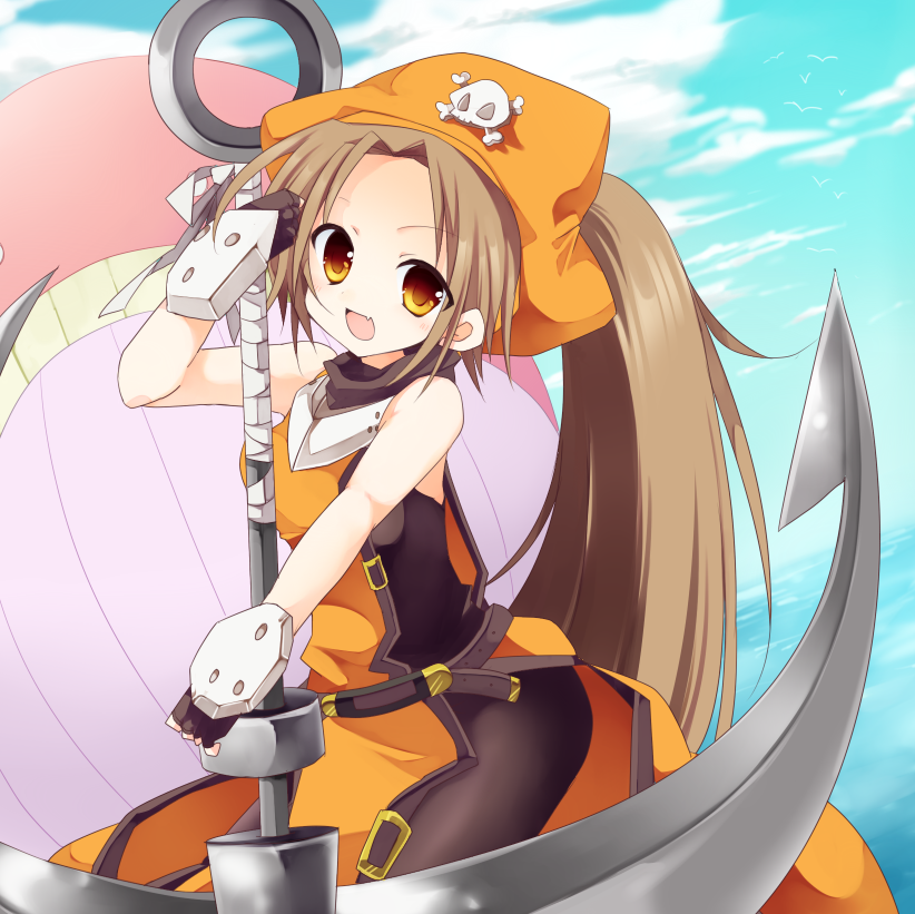 bare_shoulders brown_eyes brown_hair fang fingerless_gloves gloves guilty_gear hat long_hair may may_(guilty_gear) open_mouth pantyhose pirate pirate_hat ponytail solo yukiusagi_(paretto)