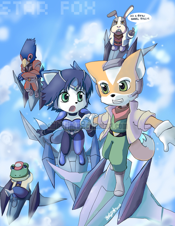 arwing blue_eyes chibi falco_lombardi fox_mccloud green_eyes holding_hands krystal peppy_hare slippy_toad tail tiara yellow_eyes