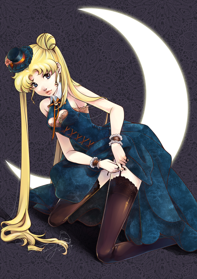 2010 alternate_costume artist_request bishoujo_senshi_sailor_moon blonde_hair blue_dress blue_eyes breasts cleavage cleavage_cutout crescent_moon double_bun dress garter_straps garterstraps hat heart heart_cleavage_cutout heart_cutout imirpz kneeling lace lace-trimmed_thighhighs lips mini_hat mini_top_hat moon signature sleeveless solo thigh-highs thighhighs tiny_hat top_hat tsukino_usagi wrist_cuffs
