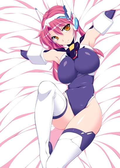 arms_up bed_sheet blush boots breasts crueltear large_breasts leotard long_hair nonsugar pink_hair skin_tight smile solo thigh-highs thigh_boots thighhighs trigger_heart_exelica white_legwear yellow_eyes