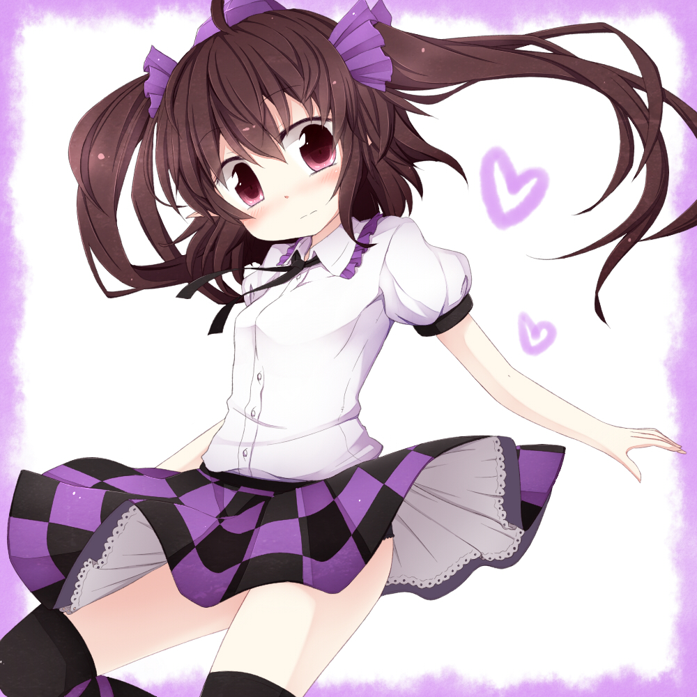 akagaminanoka black_legwear black_panties blush brown_hair checkered checkered_skirt dress_shirt fuuen_(akagaminanoka) hair_ribbon hat heart himekaidou_hatate lace-trimmed_panties leg_ribbon long_hair panties red_eyes ribbon shirt skirt slip_skirt solo thigh-highs thighhighs touhou twintails underwear upskirt zettai_ryouiki