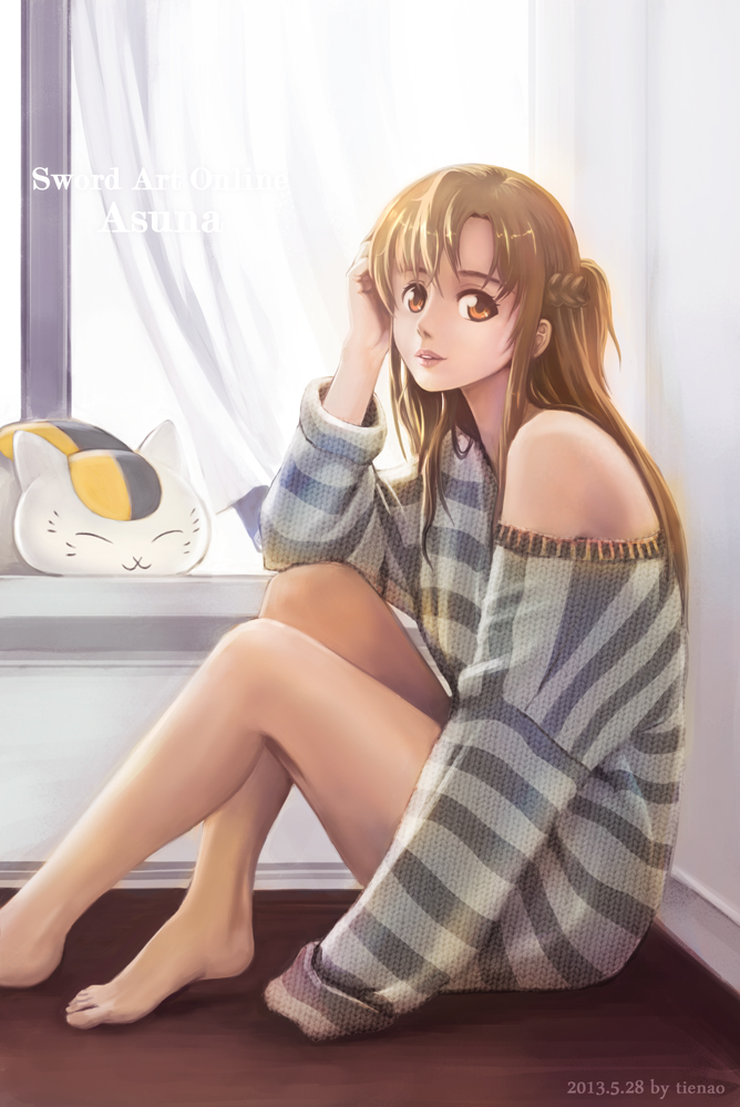 1girl asuna_(sao) brown_eyes brown_hair cat lips long_hair striped striped_sweater sweater sword_art_online tienao yuuki_asuna