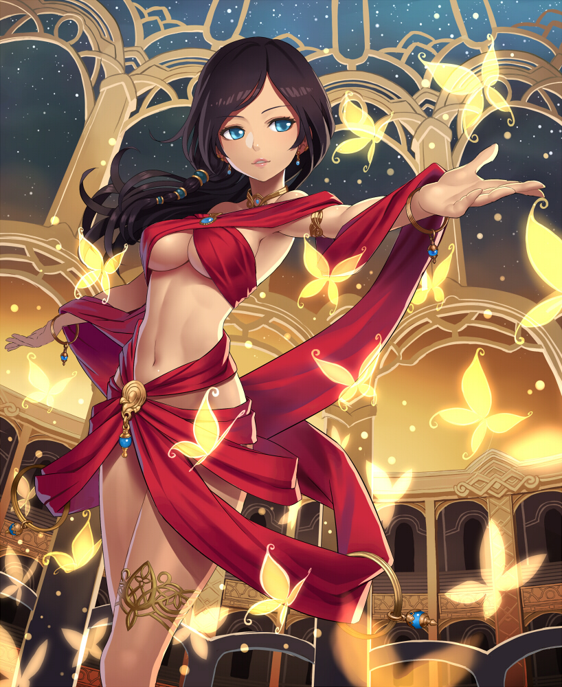 armlet armpits bangle bare_shoulders black_hair blue_eyes bracelet breasts butterfly choker cleavage dancer dark_skin earrings gold jewelry k+ lips long_hair midriff naked_ribbon navel original outstretched_arms ribbon solo spread_arms standing thighlet under_boob underboob