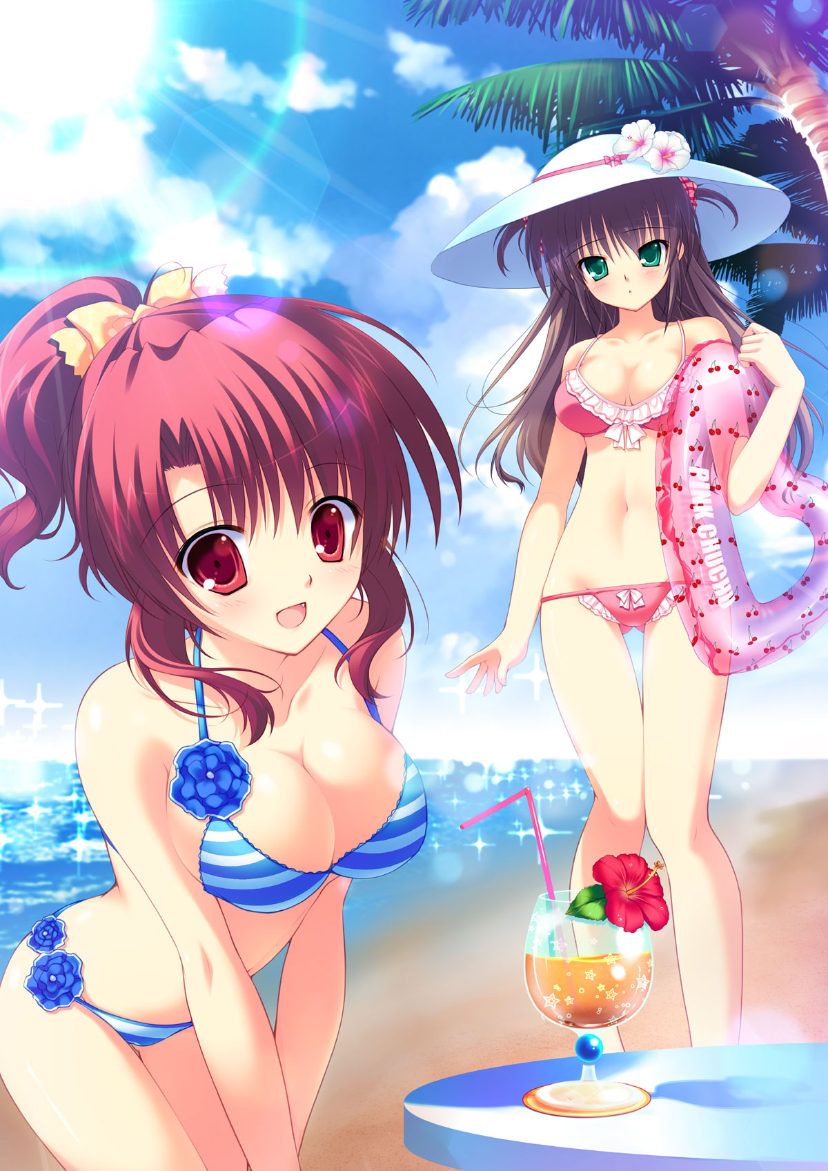 :d beach bikini blue_sky blush breasts brown_hair cleavage collarbone fang flower green_eyes hat hibiscus highres jpeg_artifacts kneeling long_hair looking_at_viewer mikeou multiple_girls navel open_mouth original ponytail red_eyes red_hair redhead short_twintails sky smile standing striped striped_bikini striped_swimsuit sun_hat swimsuit thigh_gap thighs tree twintails water