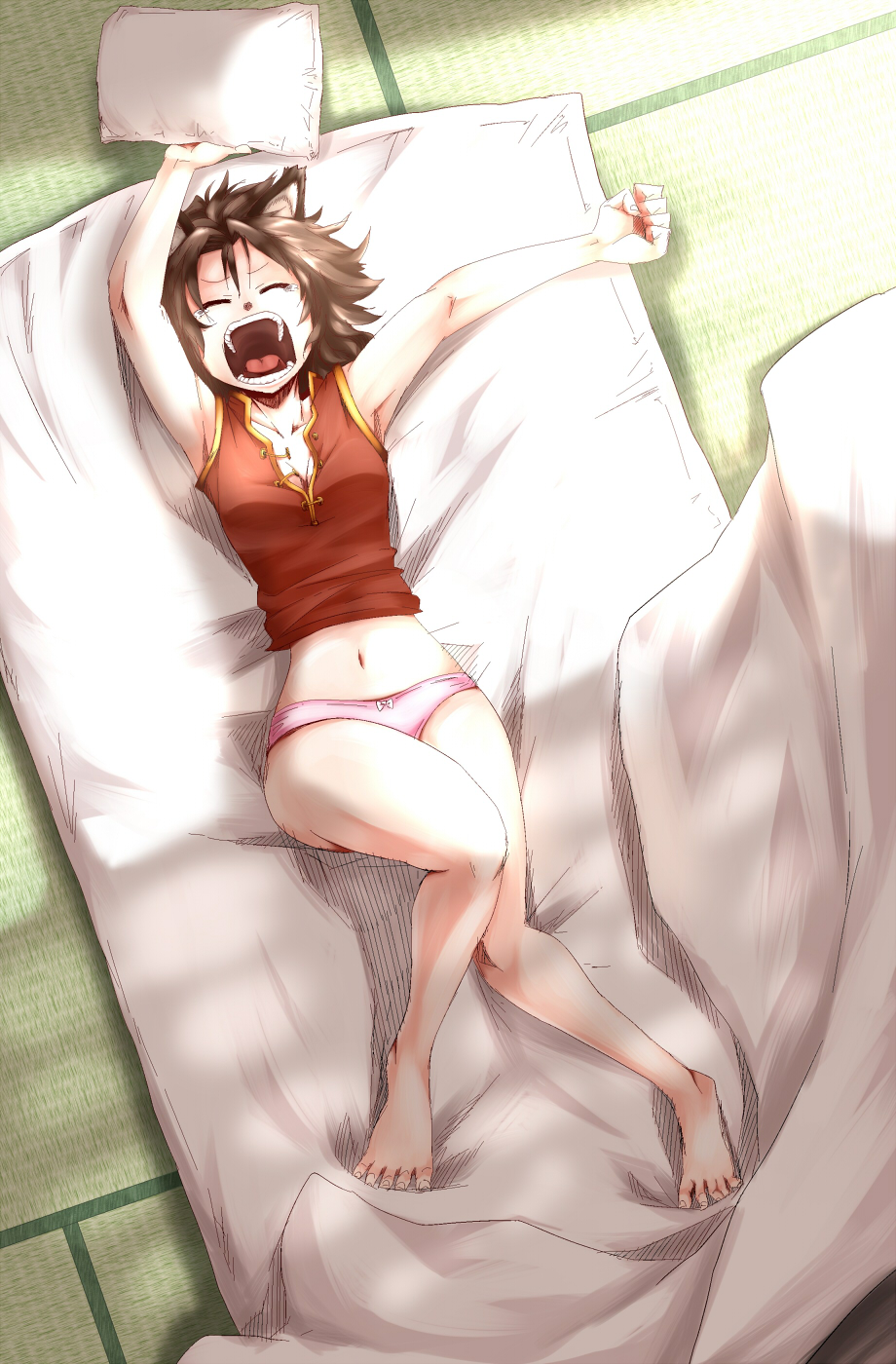 animal_ears bare_legs barefoot blanket breasts brown_hair cat_ears chen cleavage closed_eyes eyes_closed futon highres hips madara_hato midriff no_hat no_headwear no_pants on_back open_clothes open_shirt panties pillow pink_panties shirt short_hair solo stretch tatami tears touhou underwear yawning