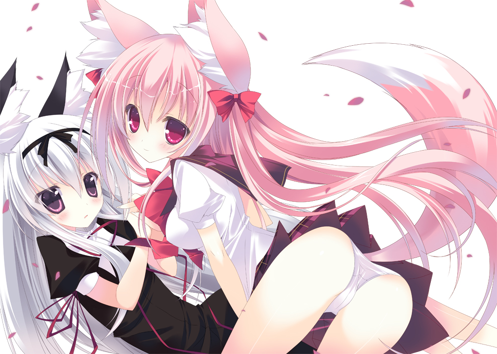 animal_ears blush bow fox_ears hair_bow hair_ribbon hand_holding holding_hands leaning_forward long_hair looking_at_viewer looking_back multiple_girls open_mouth original p19 panties pantyshot petals pink_hair purple_eyes red_eyes ribbon school_uniform serafuku smile tail underwear very_long_hair white_hair