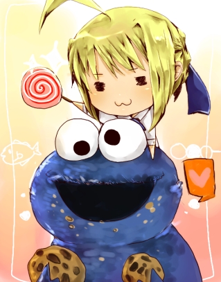 1girl =_= ahoge artoria_pendragon_(all) bad_id blonde_hair candy chibi cookie cookie_monster crossover fate/stay_night fate_(series) food googly_eyes heart jim_henson lollipop lowres paipu_akatsuki puppet saber sesame_street