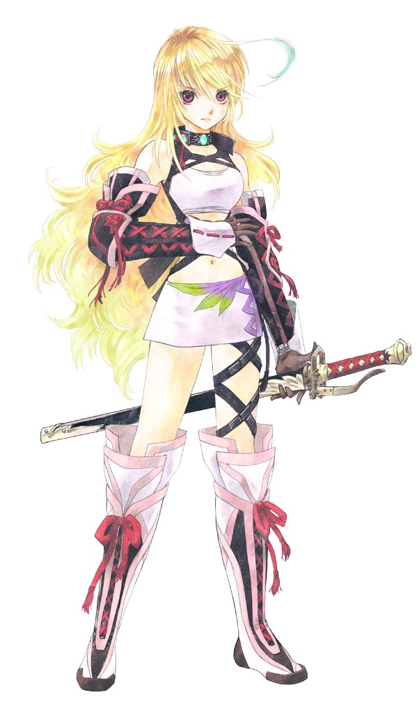 ahoge bare_shoulders blonde_hair boots choker elbow_gloves elbow_pads gloves gradient_hair inomata_mutsumi knee_boots midriff milla_maxwell miniskirt multicolored_hair navel official_art red_eyes scabbard sheath skirt solo sword tales_of_(series) tales_of_xillia tubetop warrior weapon