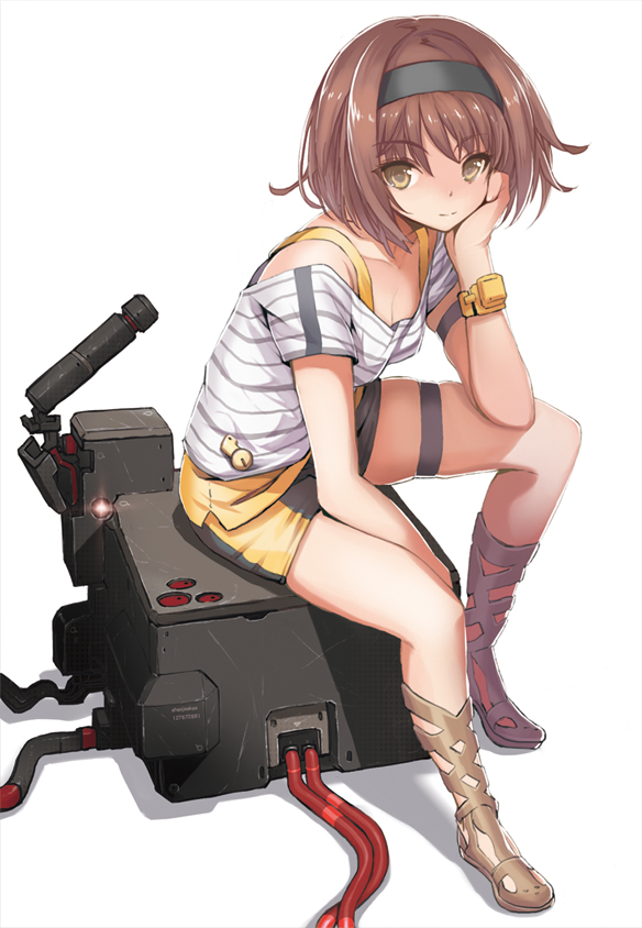 face hairband hand_on_own_face hand_to_face machine original saitom shirt short_hair shorts sitting_on_object smile solo yellow_eyes